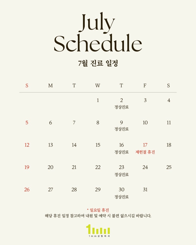 💚1mm Plastic Surgery Clinic: July 2026 Schedule💚